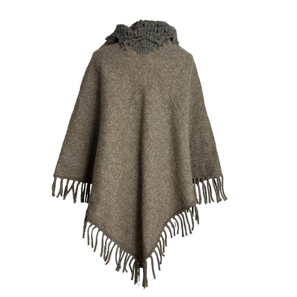 Vtg Brown Wool Poncho Crochet Collar Pom Poms Fringe One Size Possibly Handmade - Picture 2 of 9